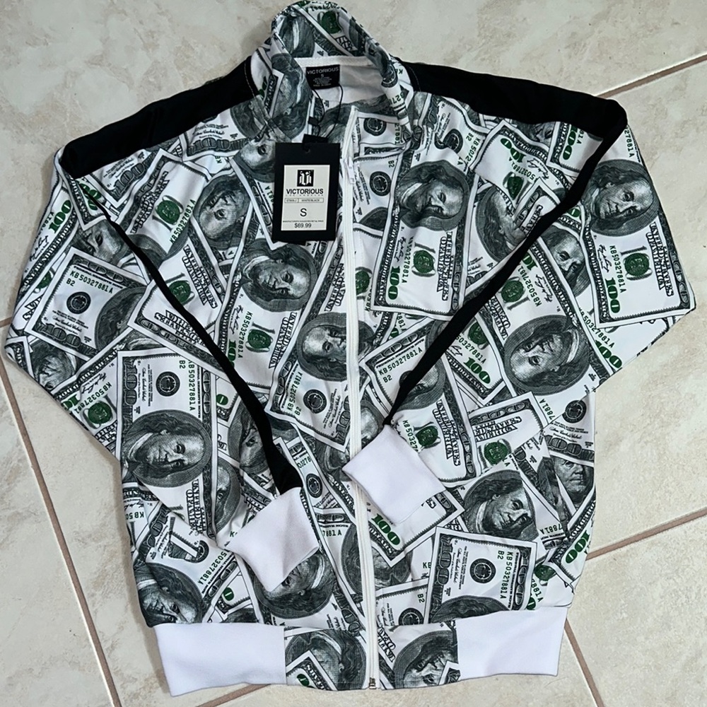 Stylish Black and White Money Print Bomber Jacket